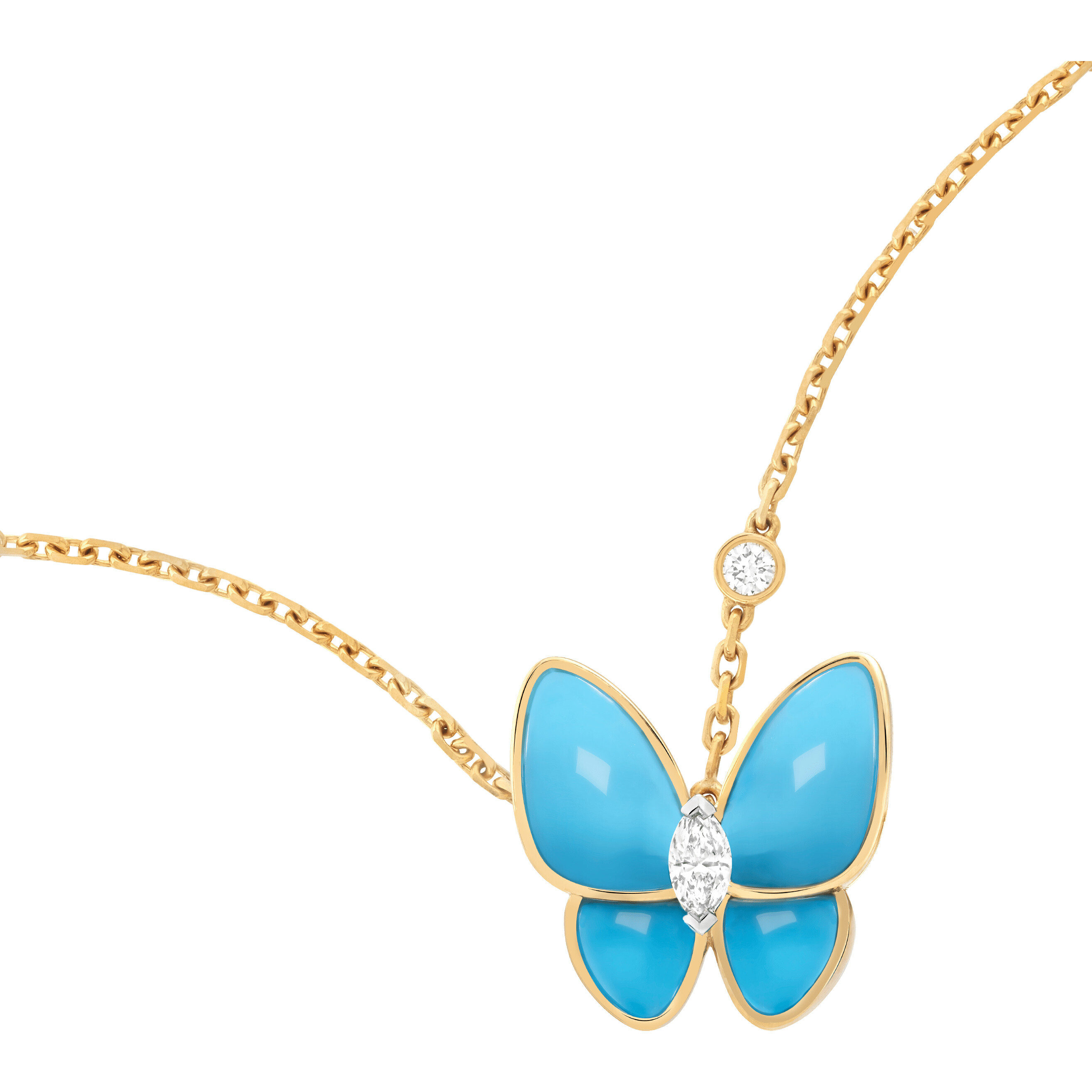 Подвеска Two Butterfly, желтое золото, белое золото, бирюза, бриллианты