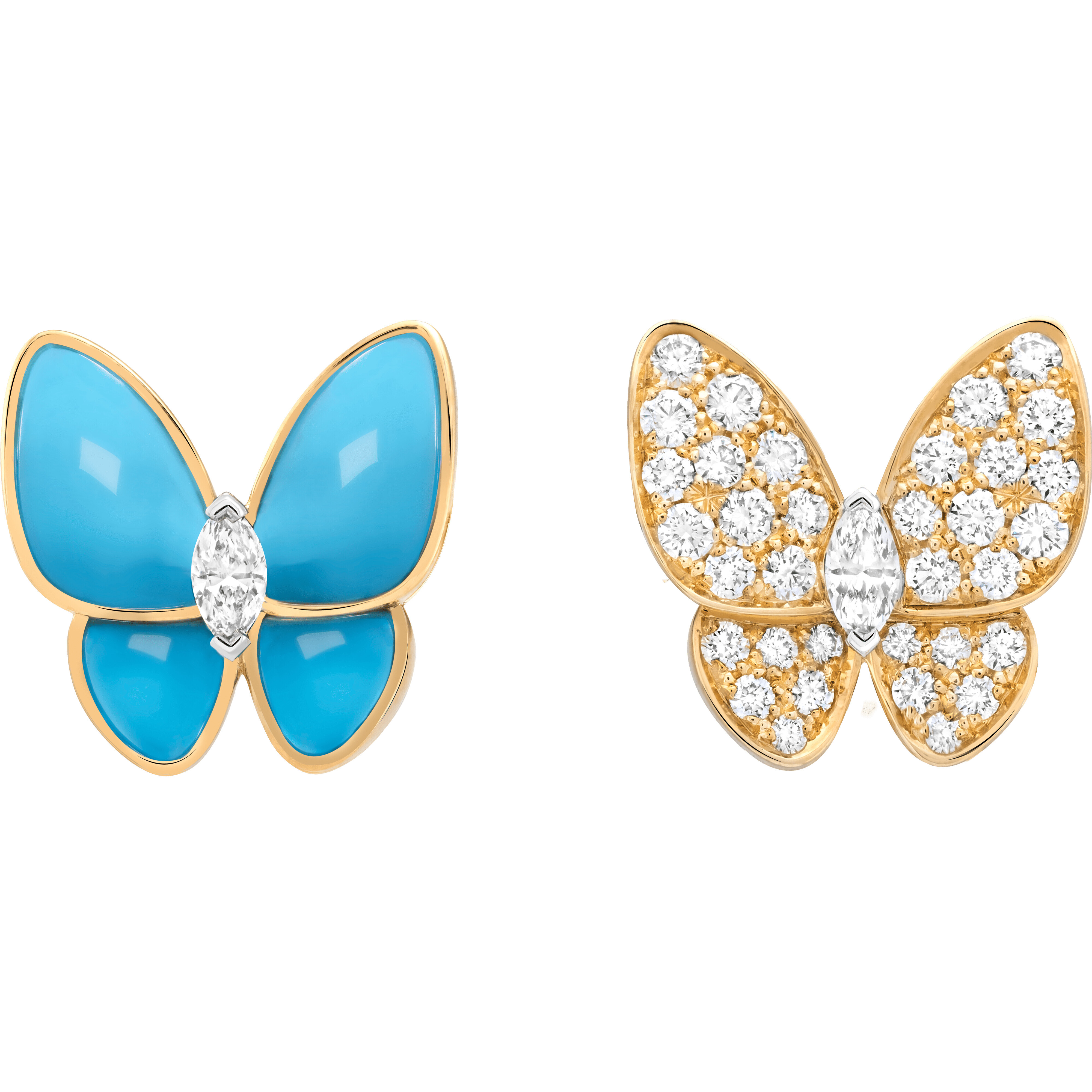 Серьги Two Butterfly, желтое золото, белое золото, бирюза, бриллианты